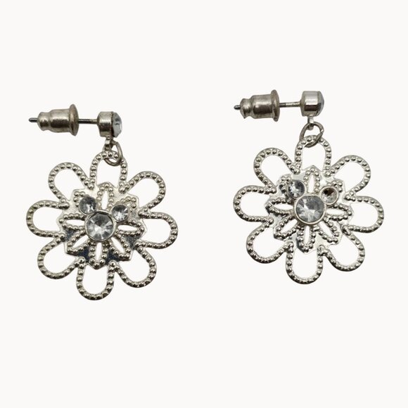 Women's Silver-Tone Dangle Drop Riveted Metal Rhinestone Center Floral Earrings - Picture 1 of 9